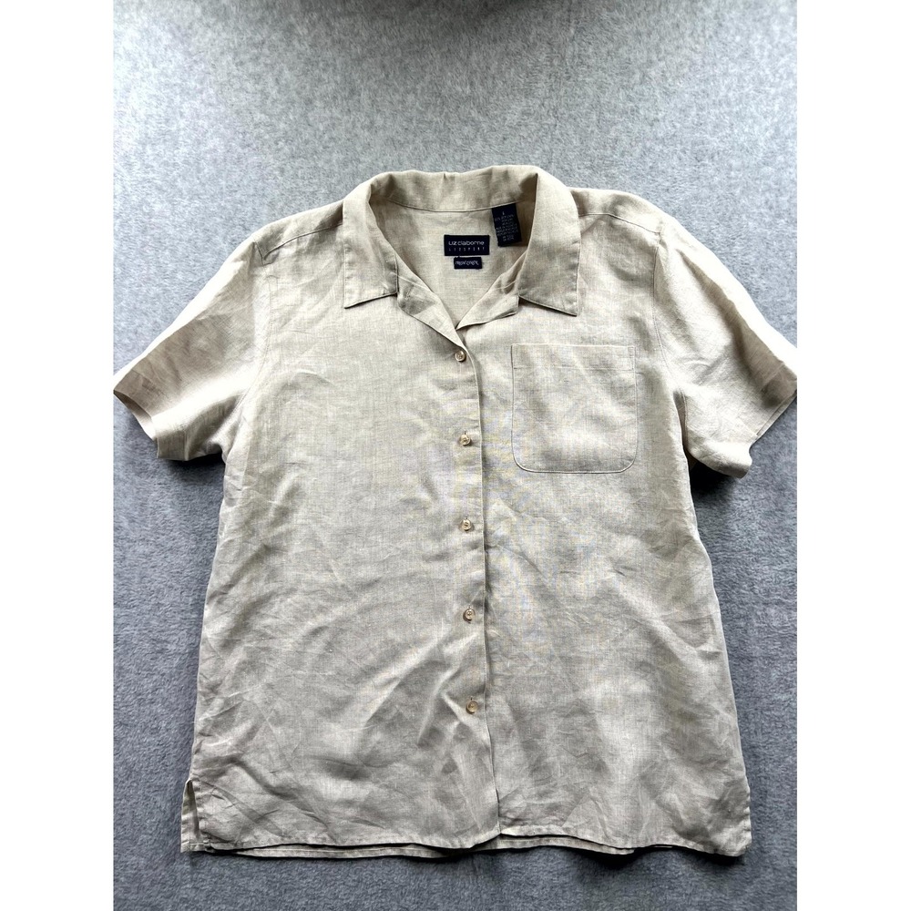 Liz Claiborne Shirt Womens Large Beige Irish Linen Casual Relaxed Fit Button Up